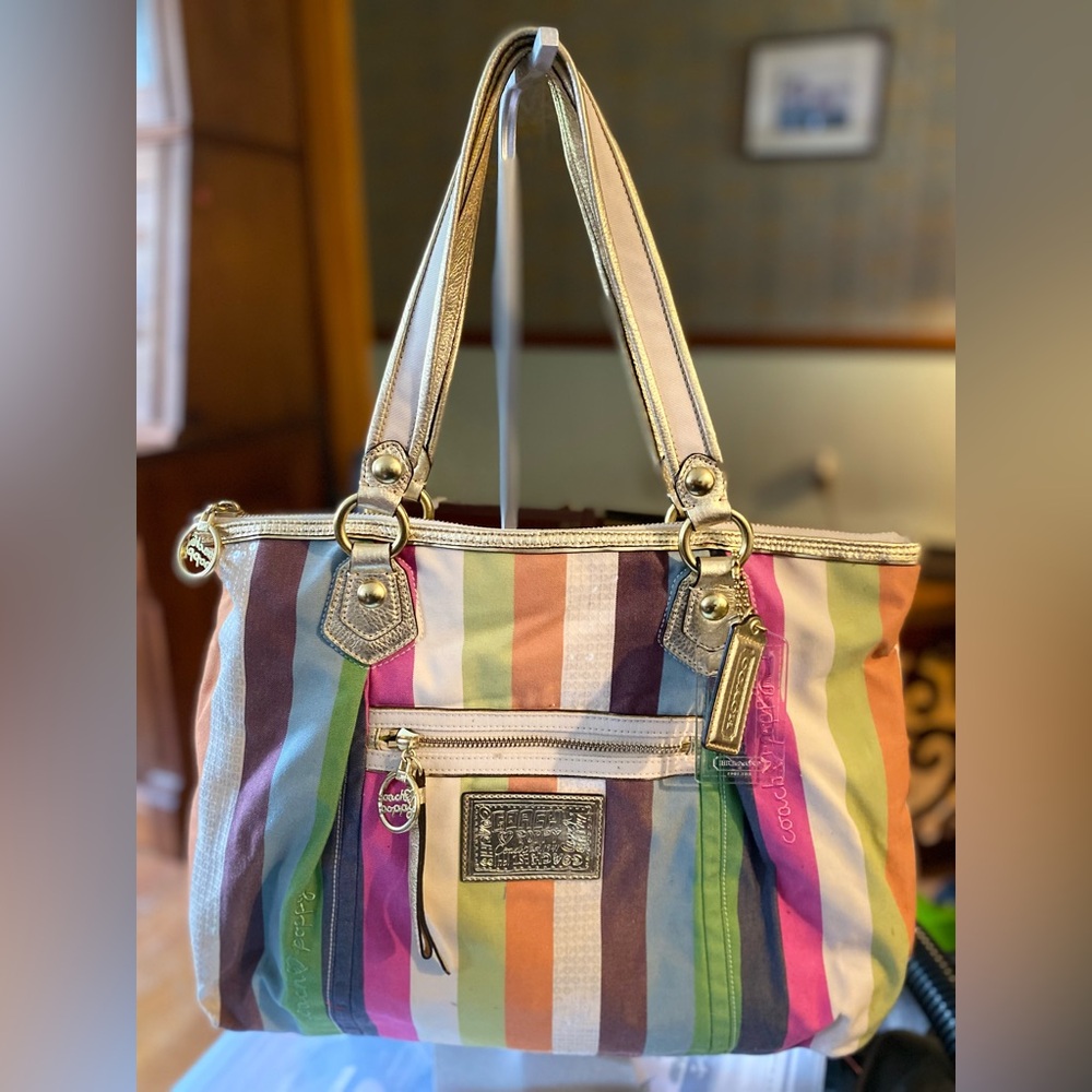 Coach Poppy Colorful Striped Tote Bag with Sequins